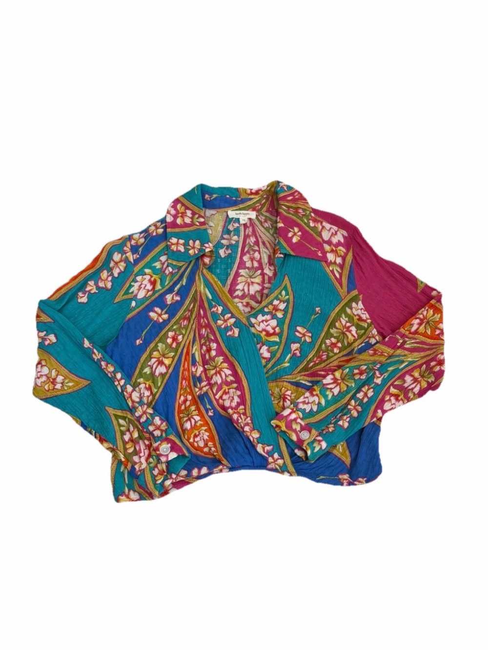 Haute Hippie Turquoise Floral Surplice Blouse with Pink Accents - Picture 2 of 8